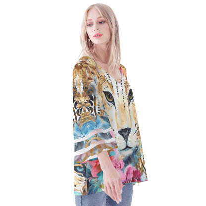 Womens Variety Prints Loose Chiffon Blouse with Bell Sleeves