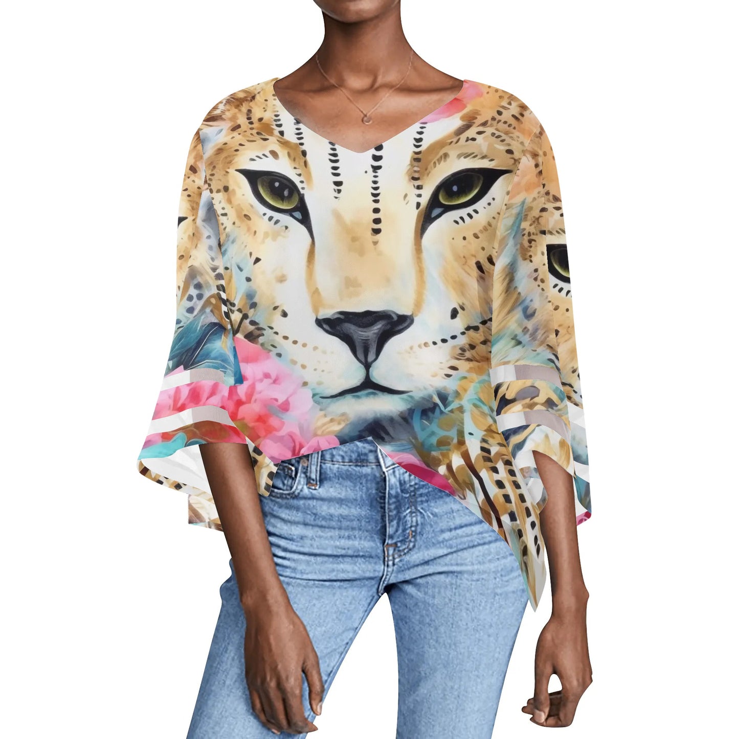 Womens Variety Prints Loose Chiffon Blouse with Bell Sleeves