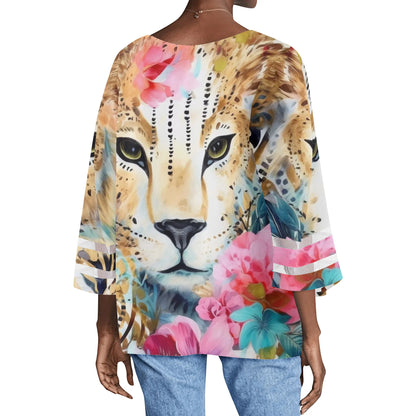 Womens Variety Prints Loose Chiffon Blouse with Bell Sleeves