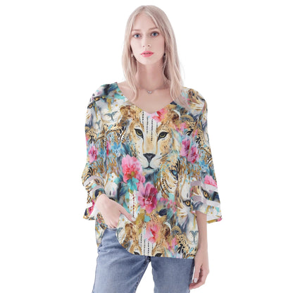 Womens Variety Prints Loose Chiffon Blouse with Bell Sleeves