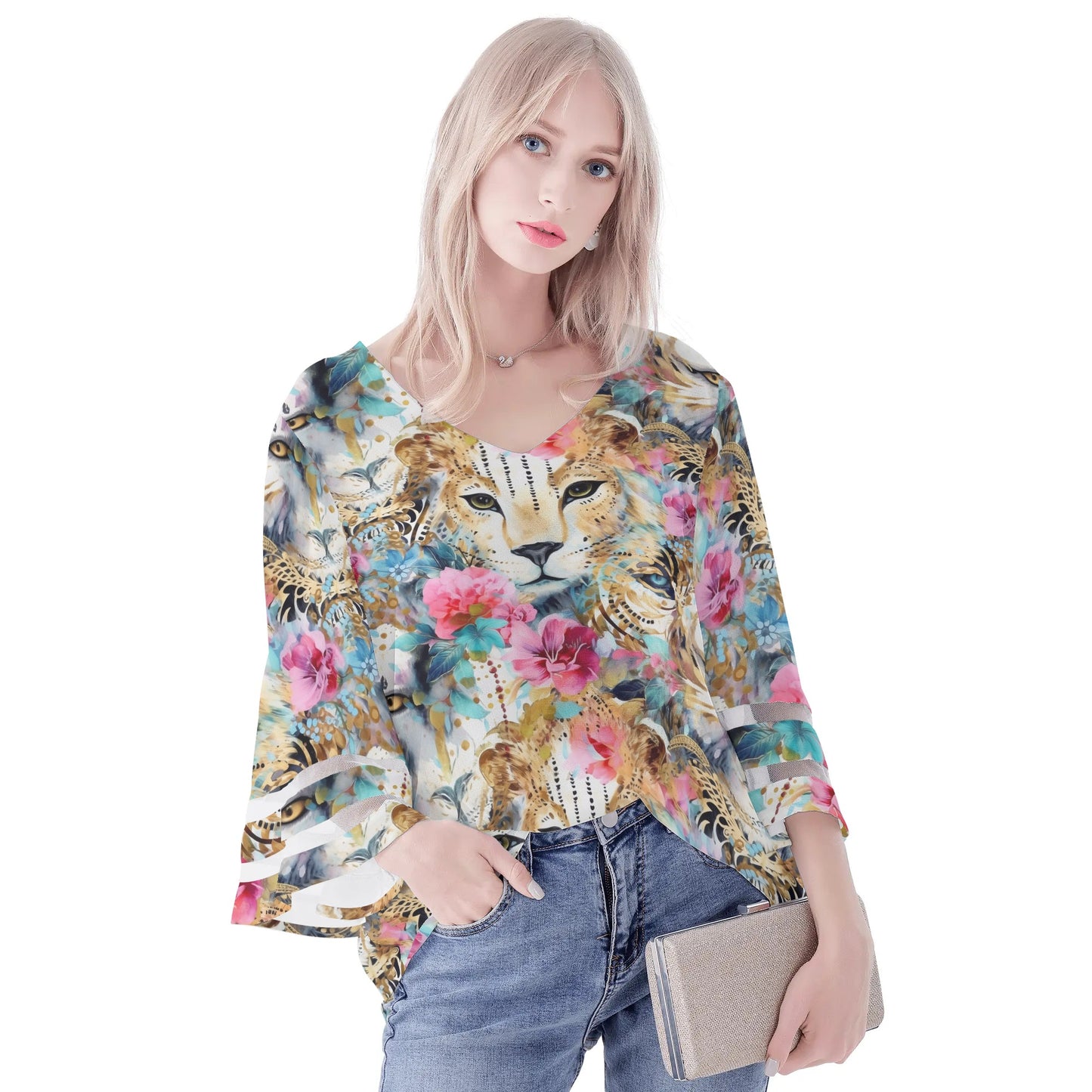 Womens Variety Prints Loose Chiffon Blouse with Bell Sleeves