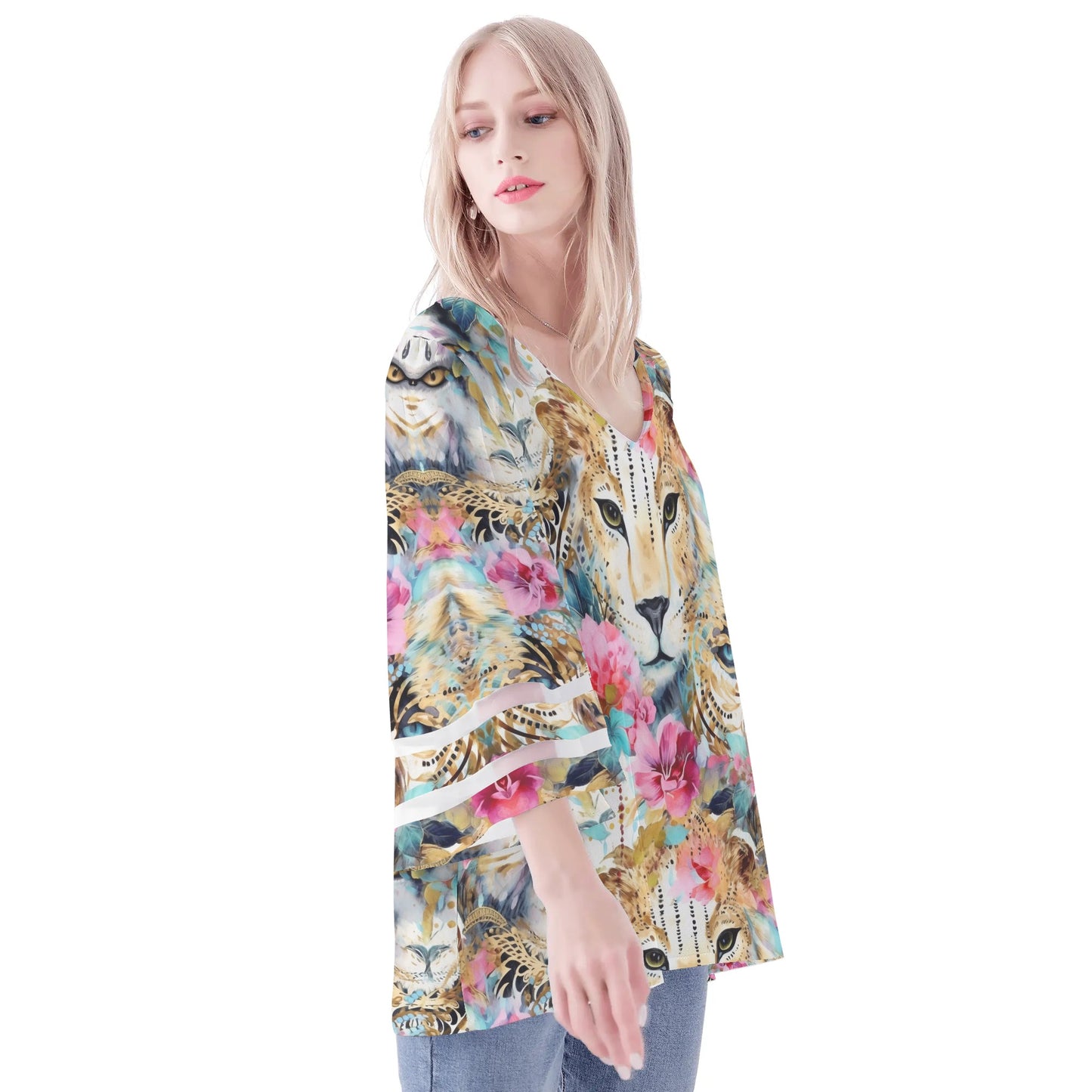 Womens Variety Prints Loose Chiffon Blouse with Bell Sleeves