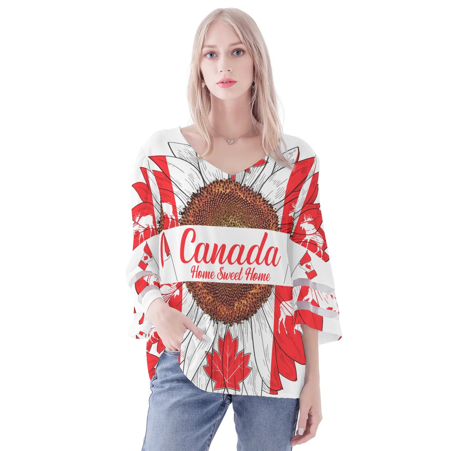 Womens Country Love Prints Loose Chiffon Blouse with Bell Sleeves