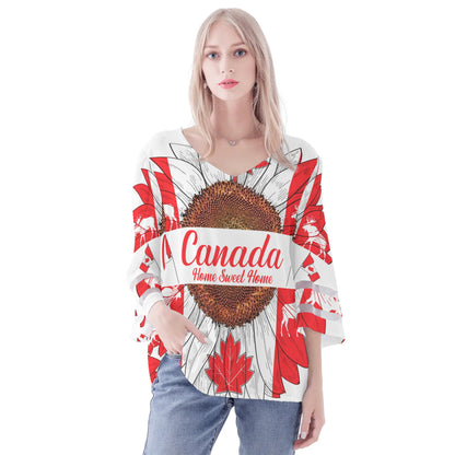 Womens Country Love Prints Loose Chiffon Blouse with Bell Sleeves