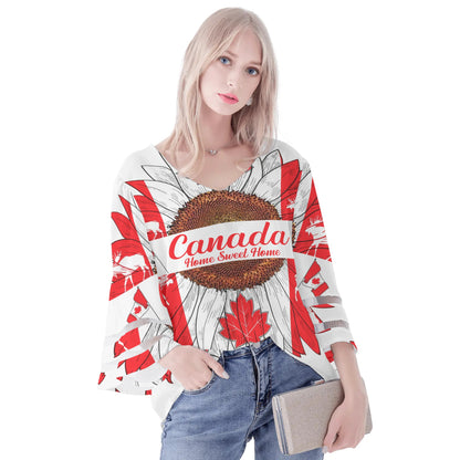 Womens Country Love Prints Loose Chiffon Blouse with Bell Sleeves