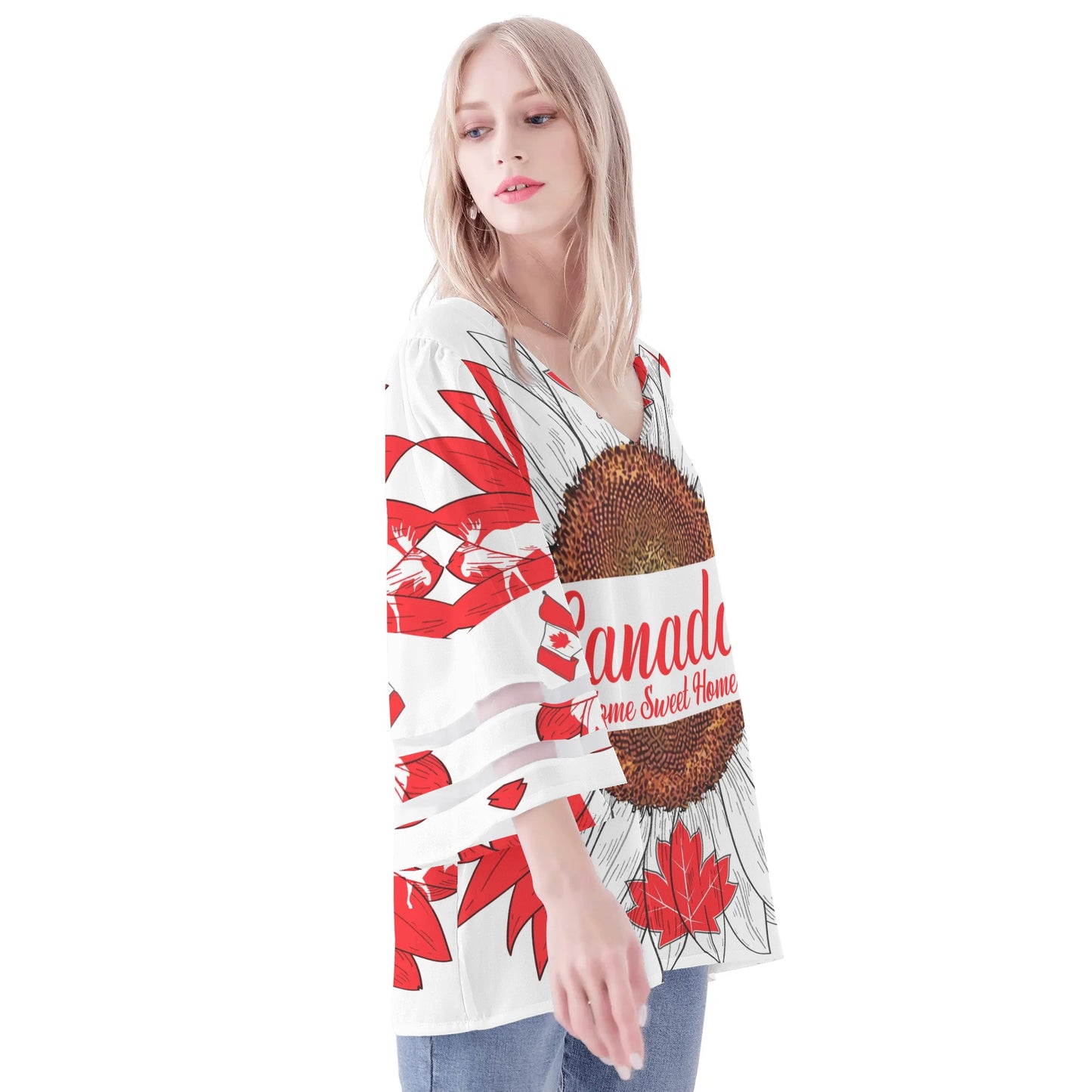 Womens Country Love Prints Loose Chiffon Blouse with Bell Sleeves