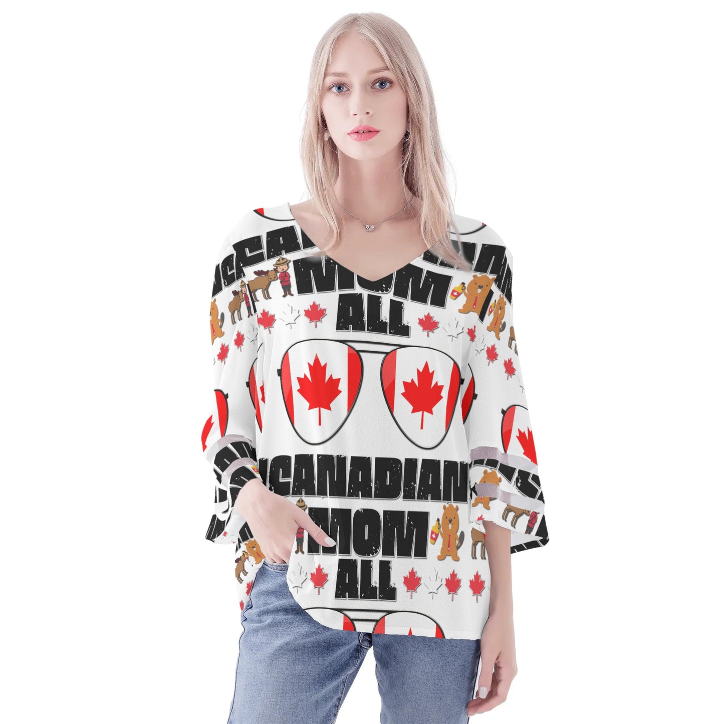 Womens Country Love Prints Loose Chiffon Blouse with Bell Sleeves