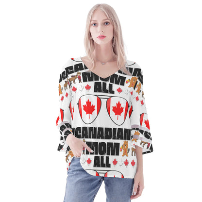 Womens Country Love Prints Loose Chiffon Blouse with Bell Sleeves