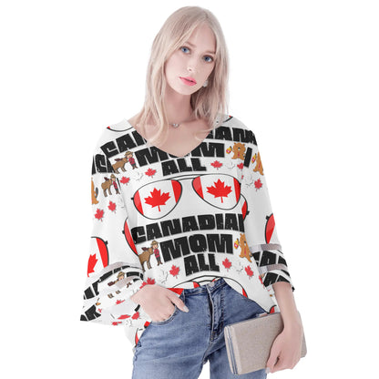 Womens Country Love Prints Loose Chiffon Blouse with Bell Sleeves