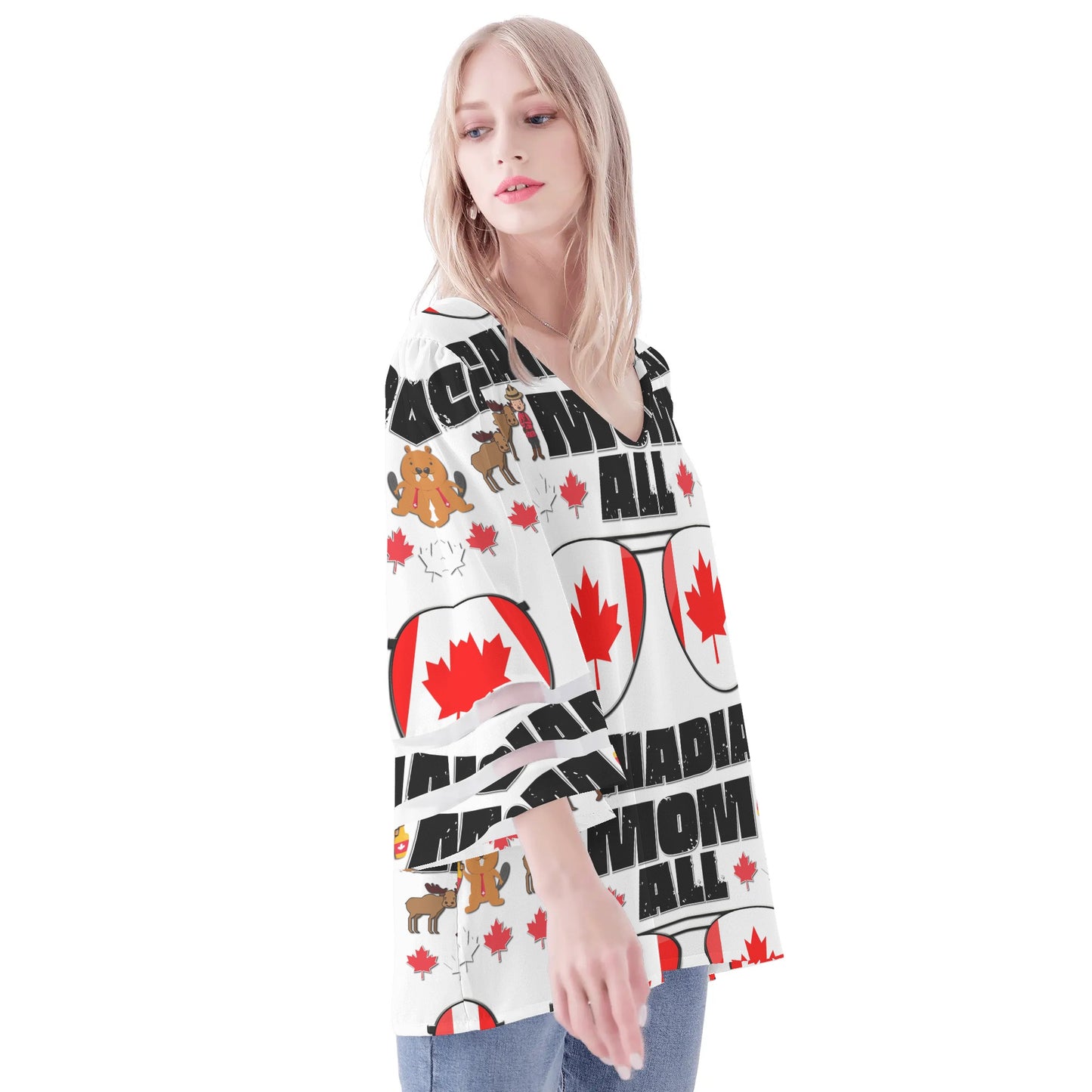 Womens Country Love Prints Loose Chiffon Blouse with Bell Sleeves