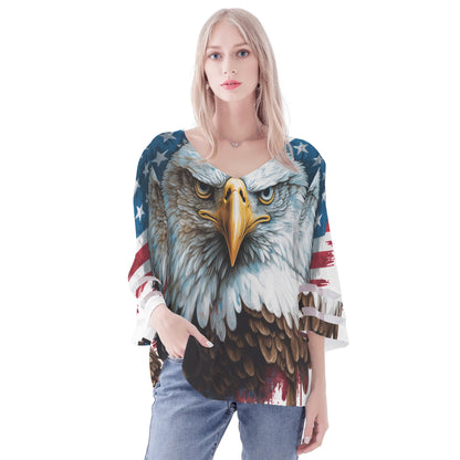 Womens Country Love Prints Loose Chiffon Blouse with Bell Sleeves