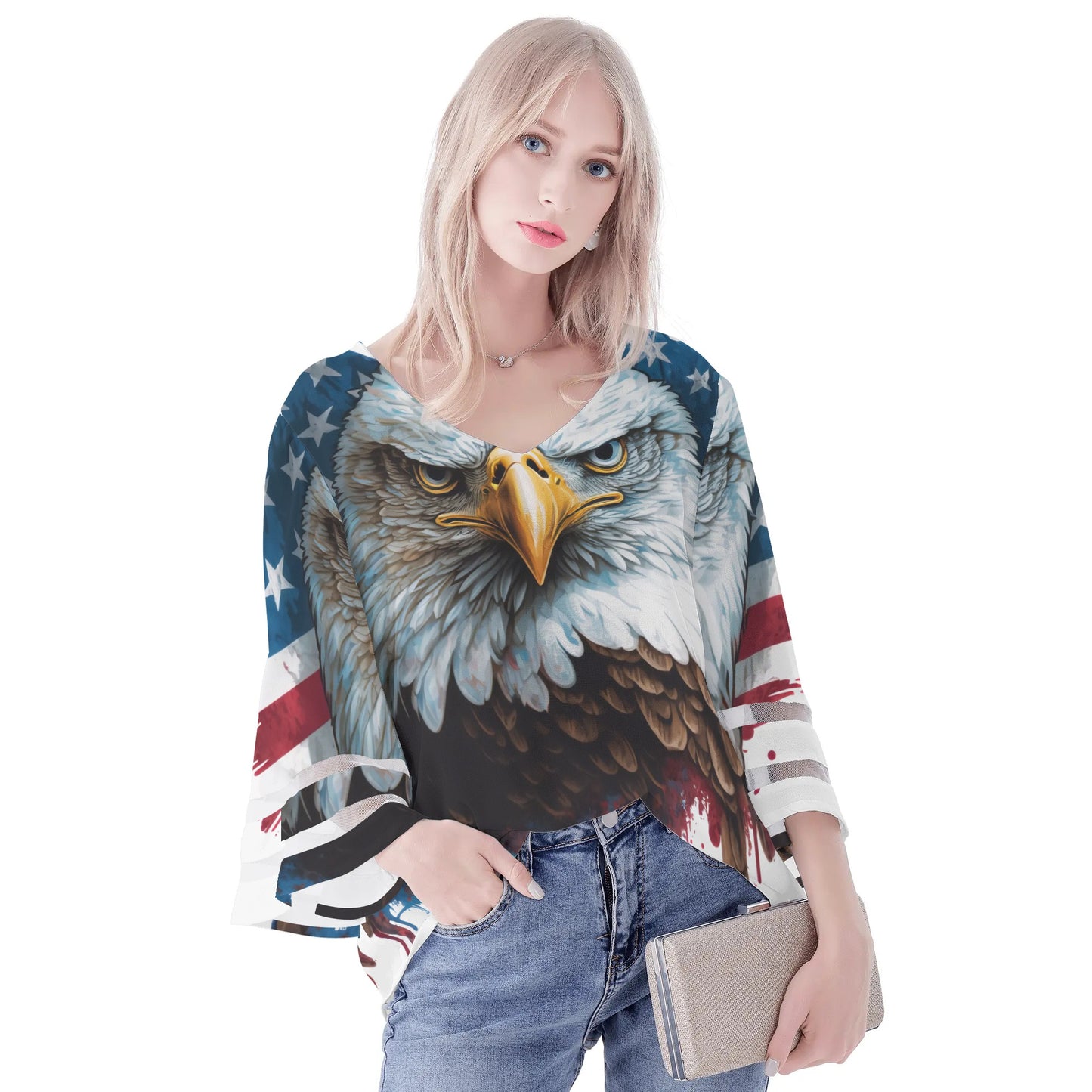 Womens Country Love Prints Loose Chiffon Blouse with Bell Sleeves