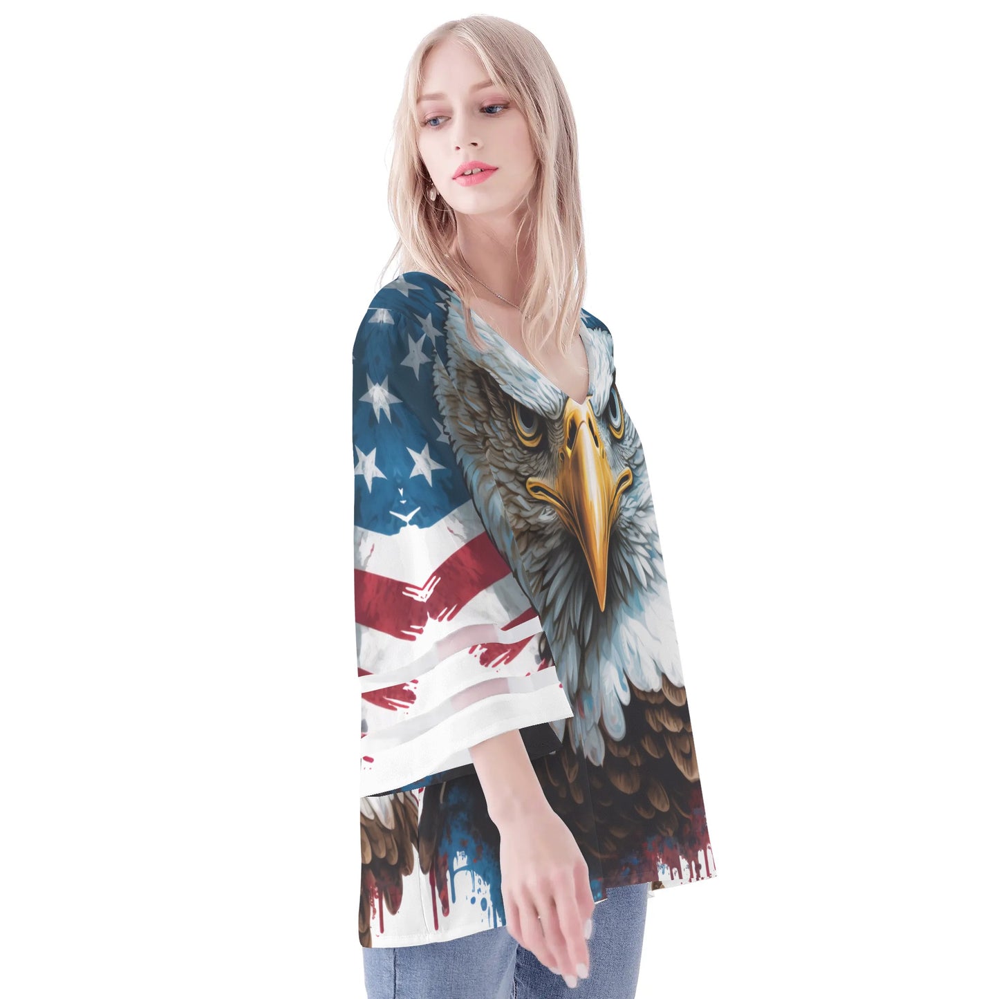 Womens Country Love Prints Loose Chiffon Blouse with Bell Sleeves