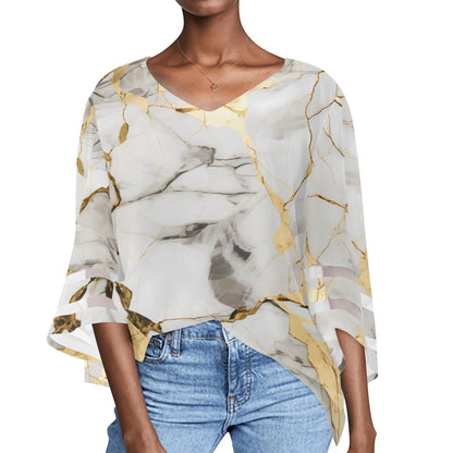 Women's Loose Chiffon Blouses with Bell Sleeves - Unique Variety of Prints