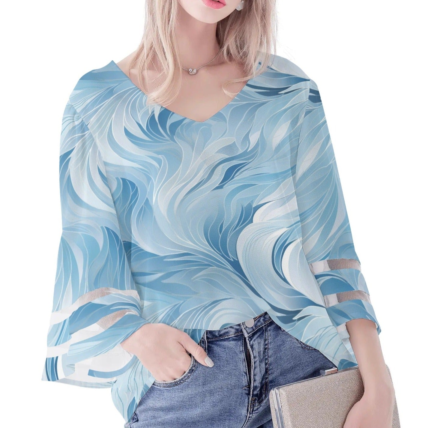 Women's Loose Chiffon Blouses with Bell Sleeves - Unique Variety of Prints