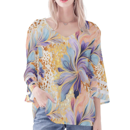 Women's Loose Chiffon Blouses with Bell Sleeves - Unique Variety of Prints