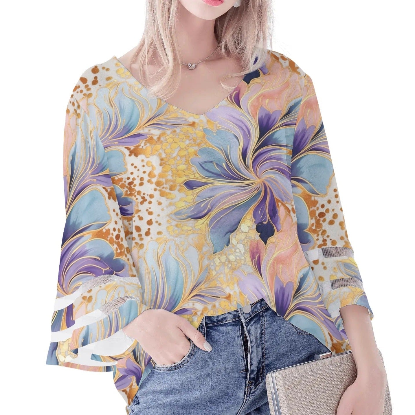 Women's Loose Chiffon Blouses with Bell Sleeves - Unique Variety of Prints