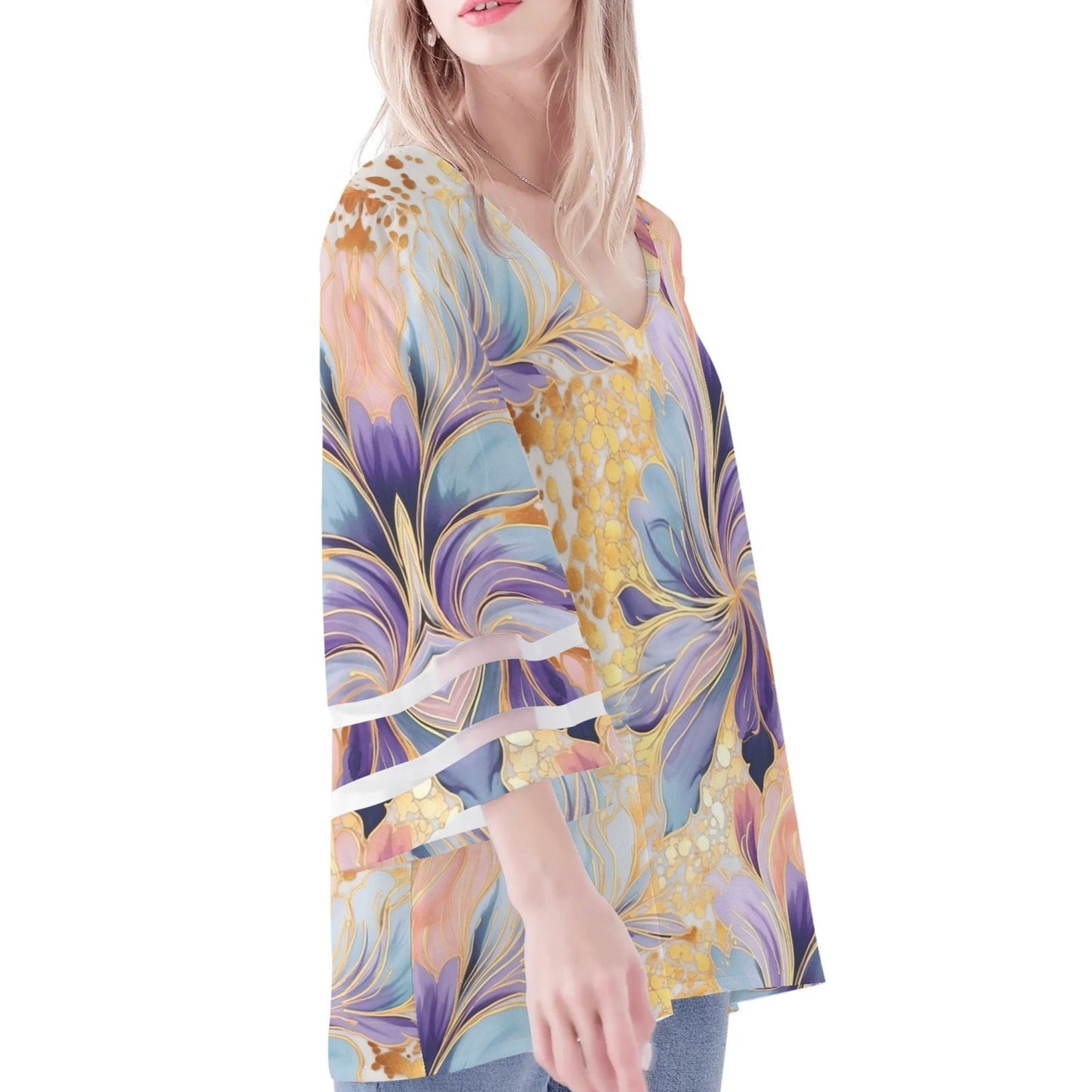 Women's Loose Chiffon Blouses with Bell Sleeves - Unique Variety of Prints