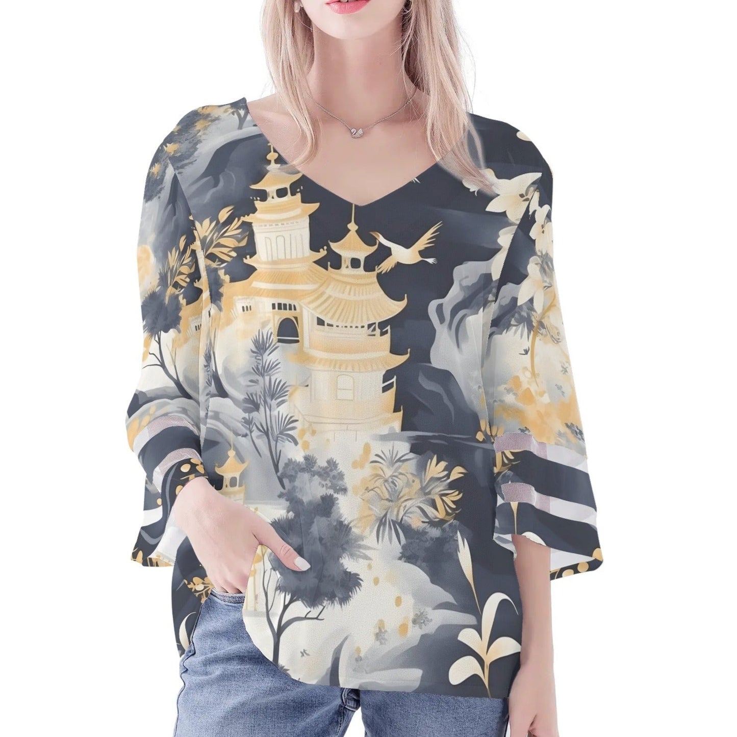 Women's Loose Chiffon Blouses with Bell Sleeves - Unique Variety of Prints