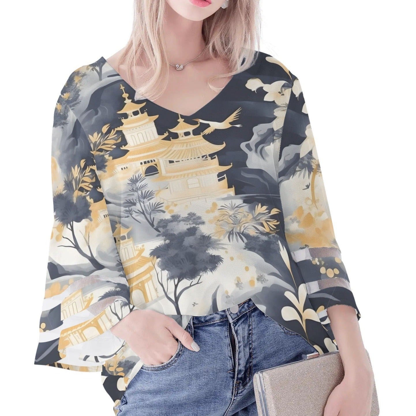 Women's Loose Chiffon Blouses with Bell Sleeves - Unique Variety of Prints