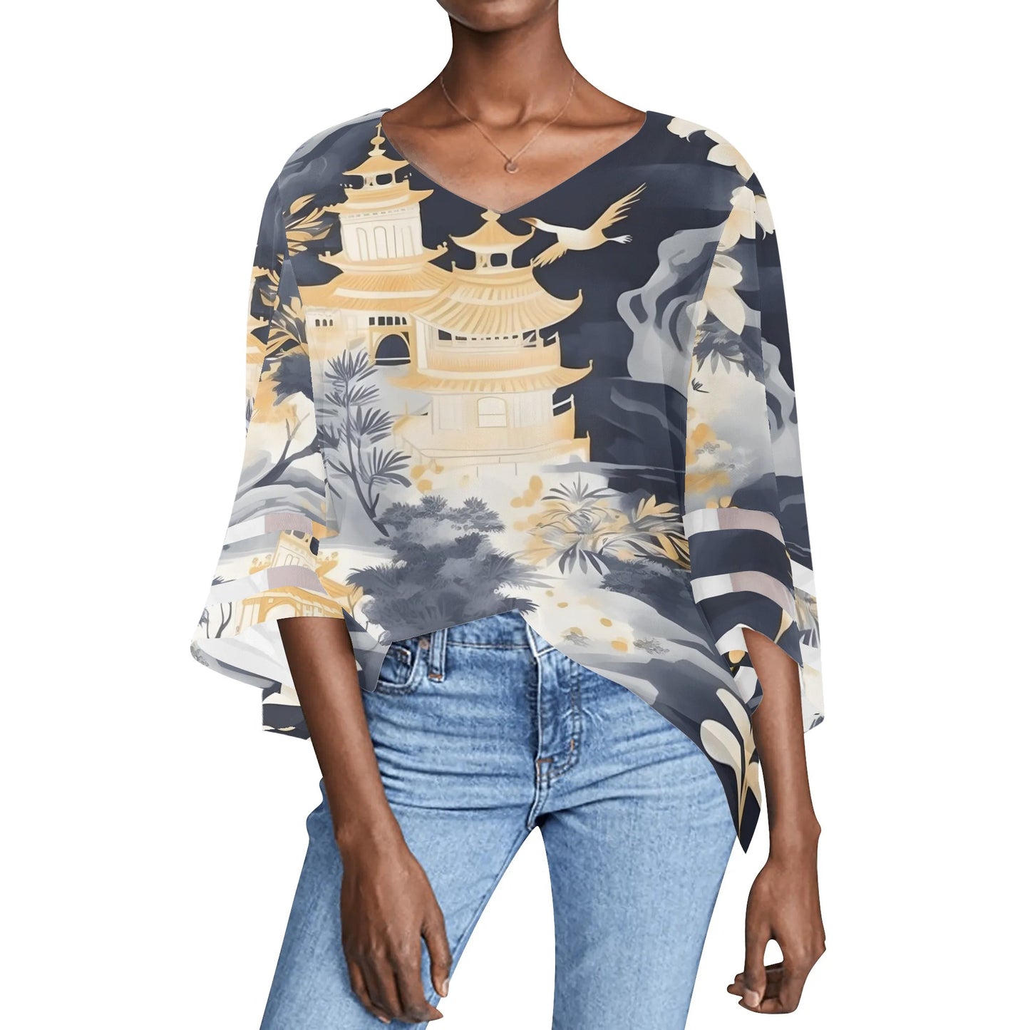 Women's Loose Chiffon Blouses with Bell Sleeves - Unique Variety of Prints