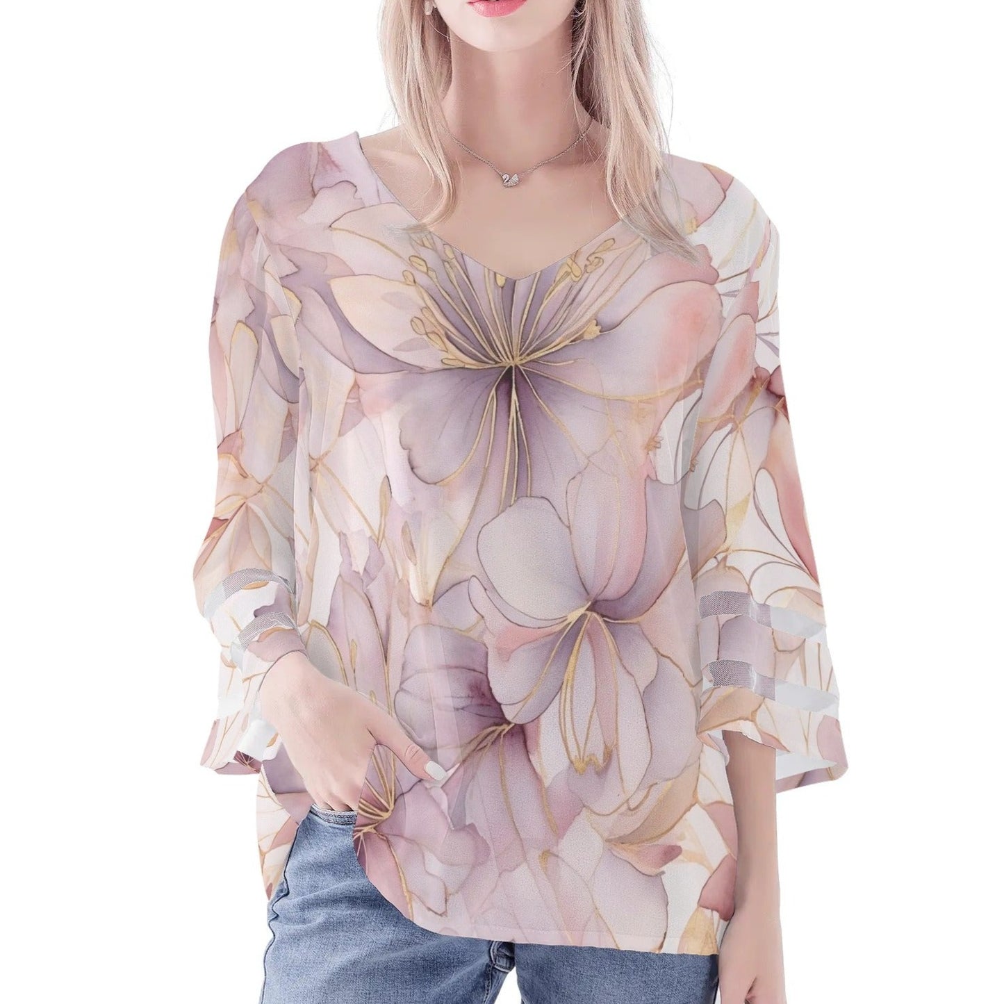 Women's Loose Chiffon Blouses with Bell Sleeves - Unique Variety of Prints