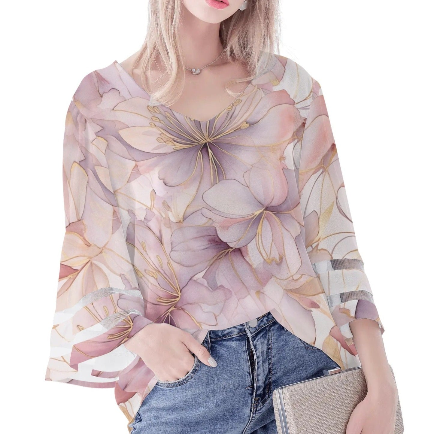 Women's Loose Chiffon Blouses with Bell Sleeves - Unique Variety of Prints