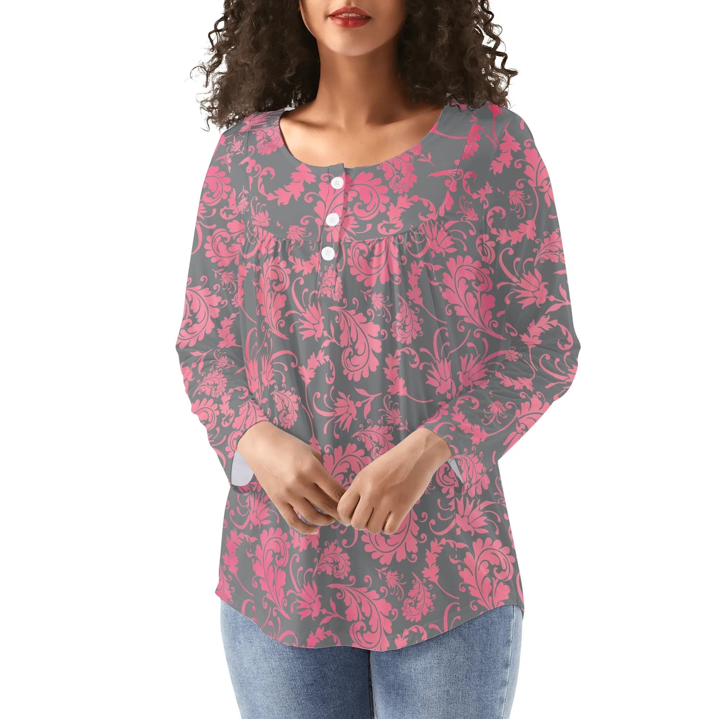 Lovely Prints - Reg & Plus Sizes - Womens Long Sleeve Loose Flare Blouse