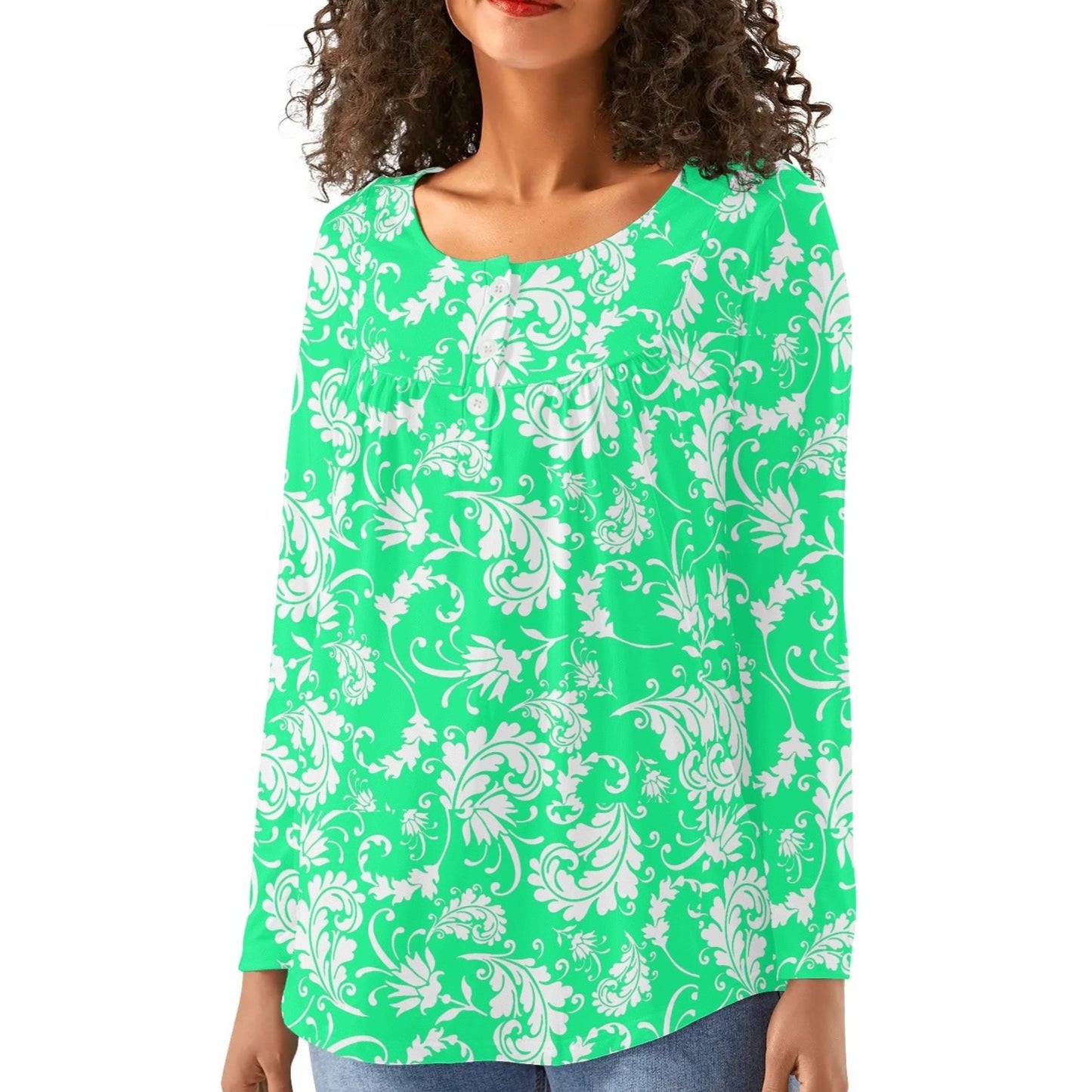 Bold Paisley Womens Long Sleeve Loose Flare Blouse Scoop Neck - Plus Sizes Available