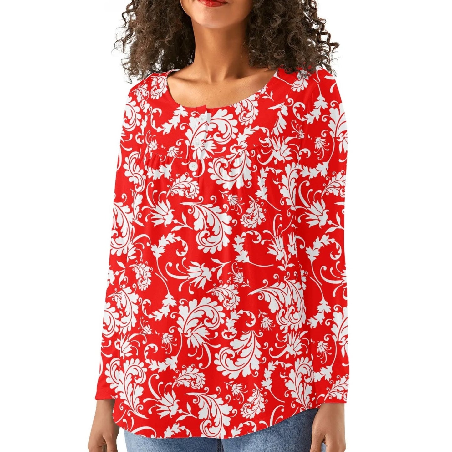 Bold Paisley Womens Long Sleeve Loose Flare Blouse Scoop Neck - Plus Sizes Available