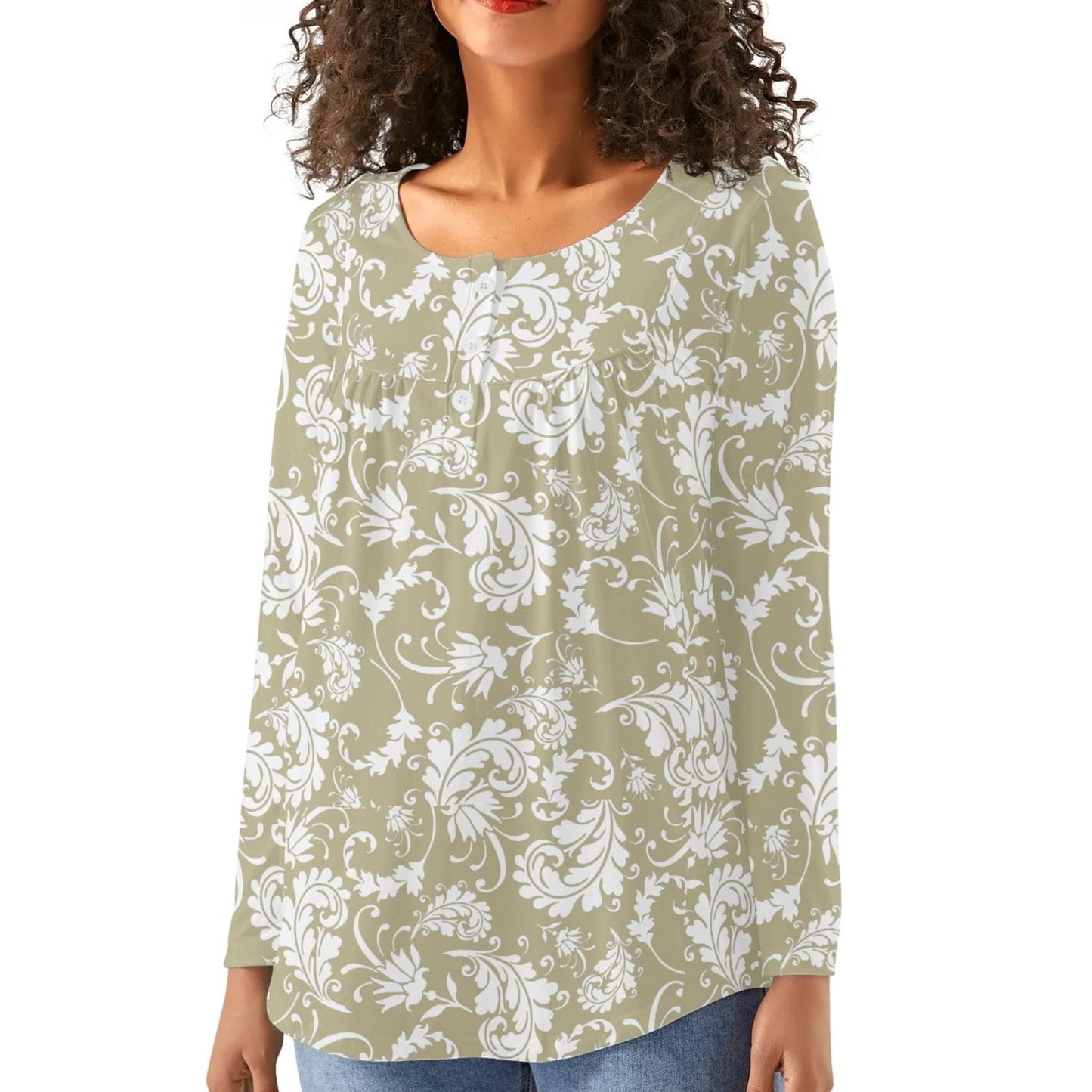 Bold Paisley Womens Long Sleeve Loose Flare Blouse Scoop Neck - Plus Sizes Available