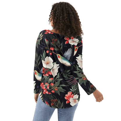 Hummingbirds - Reg & Plus Sizes - Womens Long Sleeve Loose Flare Blouse