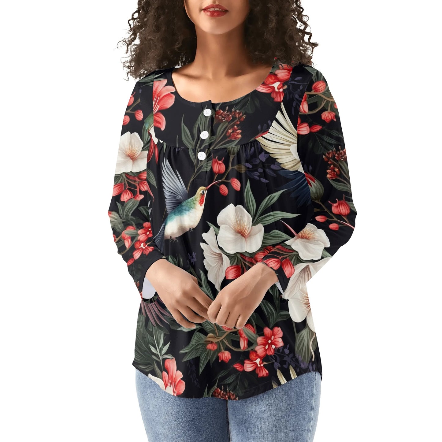 Hummingbirds - Reg & Plus Sizes - Womens Long Sleeve Loose Flare Blouse