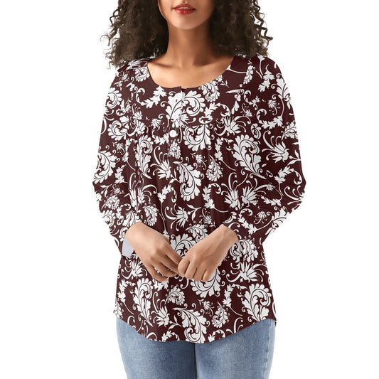 Deep Paisley Womens Long Sleeve Loose Flare Blouse Scoop Neck - Plus Sizes Available