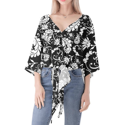 Elegant Women's Paisley V-Neck Tie Front Knot Chiffon Blouse