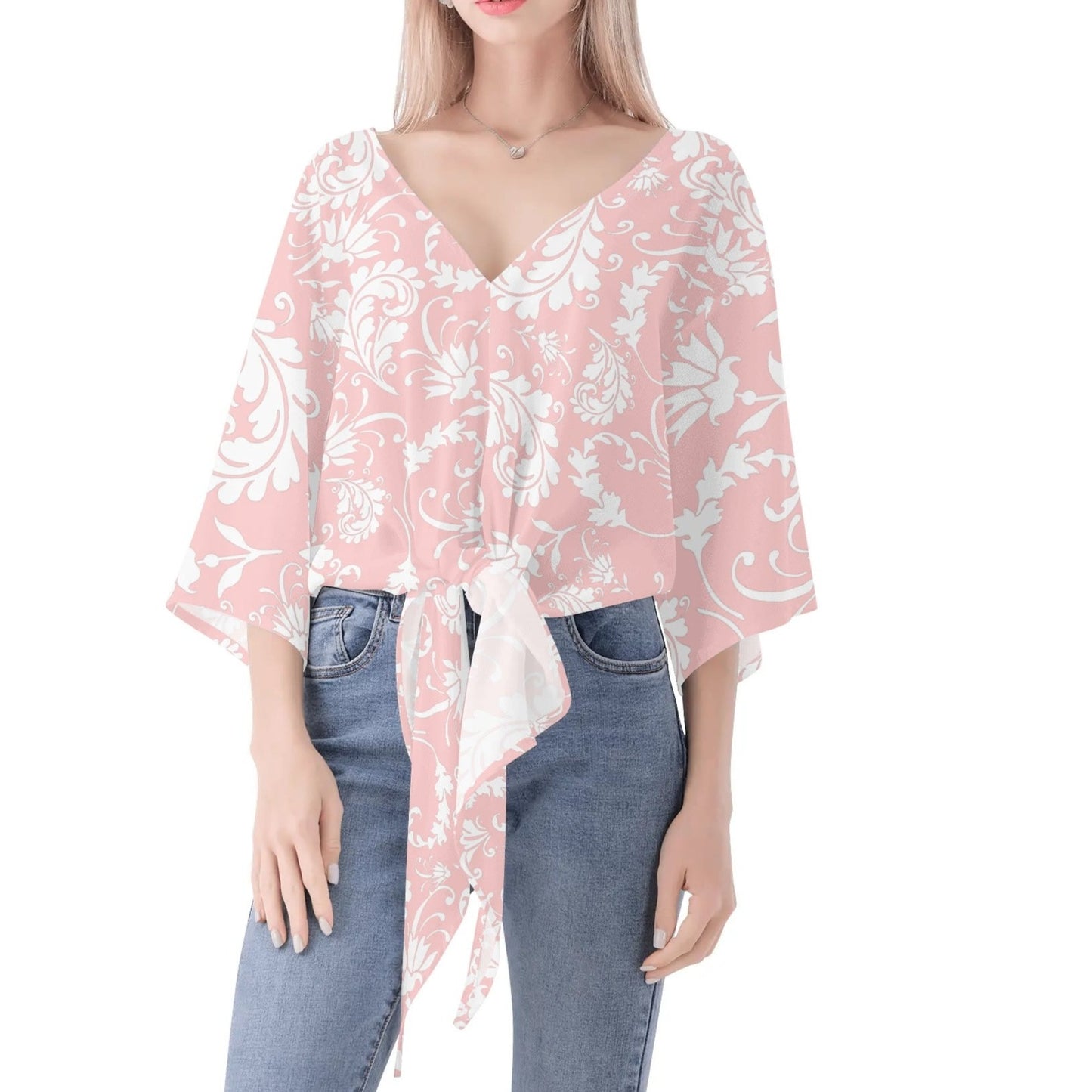 Elegant Women's Paisley V-Neck Tie Front Knot Chiffon Blouse