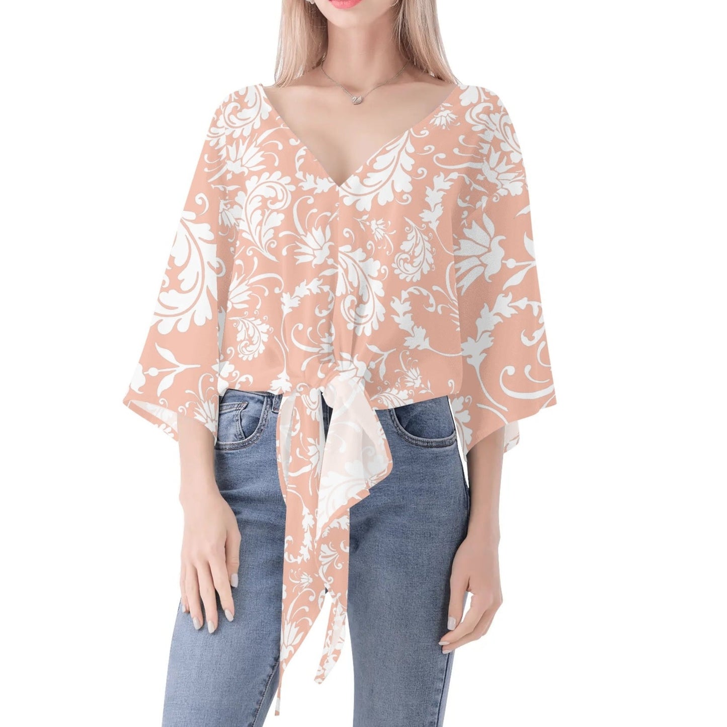 Elegant Women's Paisley V-Neck Tie Front Knot Chiffon Blouse