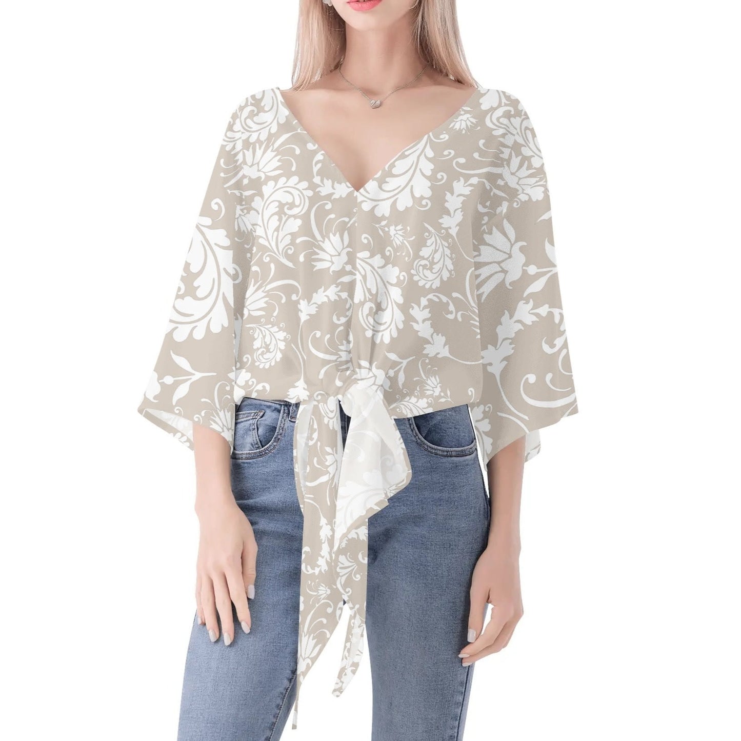 Elegant Women's Paisley V-Neck Tie Front Knot Chiffon Blouse