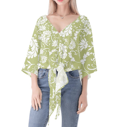 Elegant Women's Paisley V-Neck Tie Front Knot Chiffon Blouse