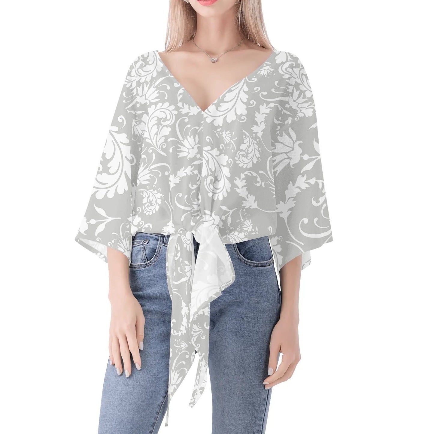 Elegant Women's Paisley V-Neck Tie Front Knot Chiffon Blouse