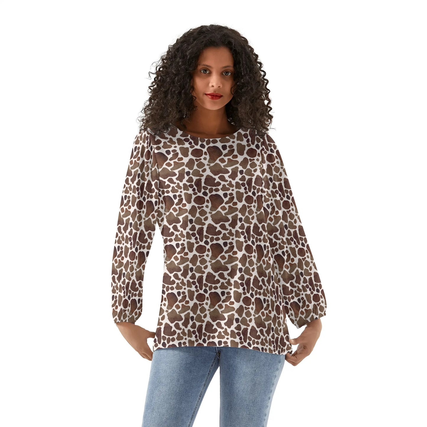 Womens Western Print Long-Sleeve Chiffon Blouses