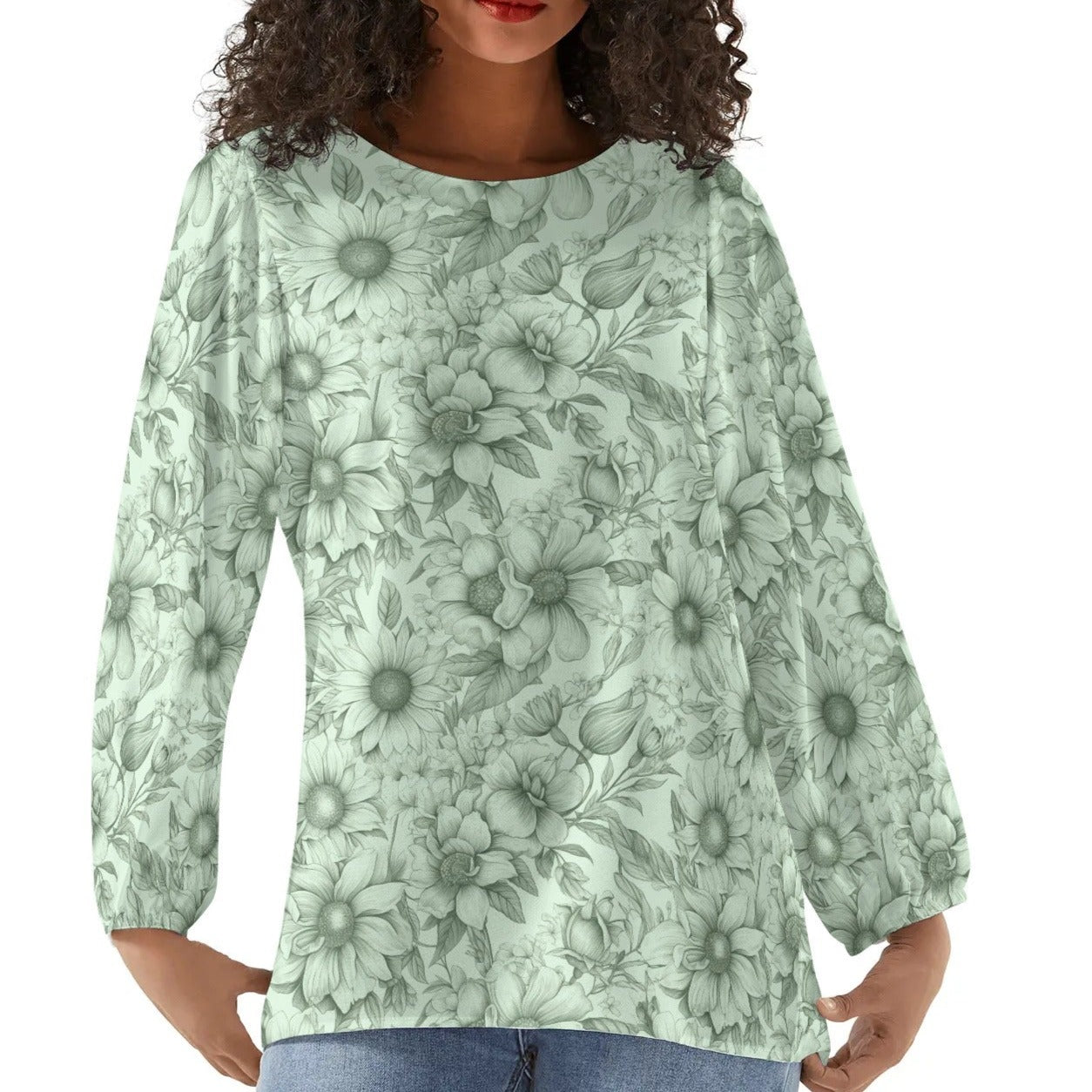 Floral Garden - Womens Long-Sleeve Chiffon Blouse