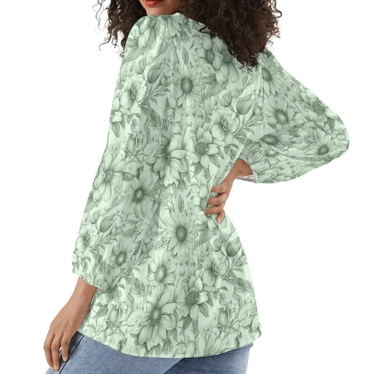 Floral Garden - Womens Long-Sleeve Chiffon Blouse