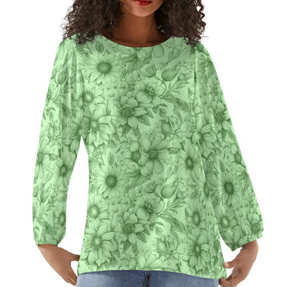 Floral Garden - Womens Long-Sleeve Chiffon Blouse