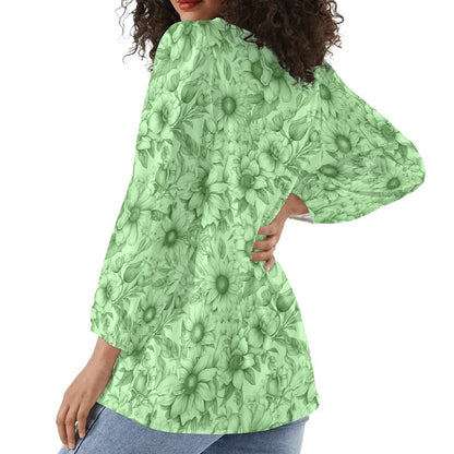 Floral Garden - Womens Long-Sleeve Chiffon Blouse