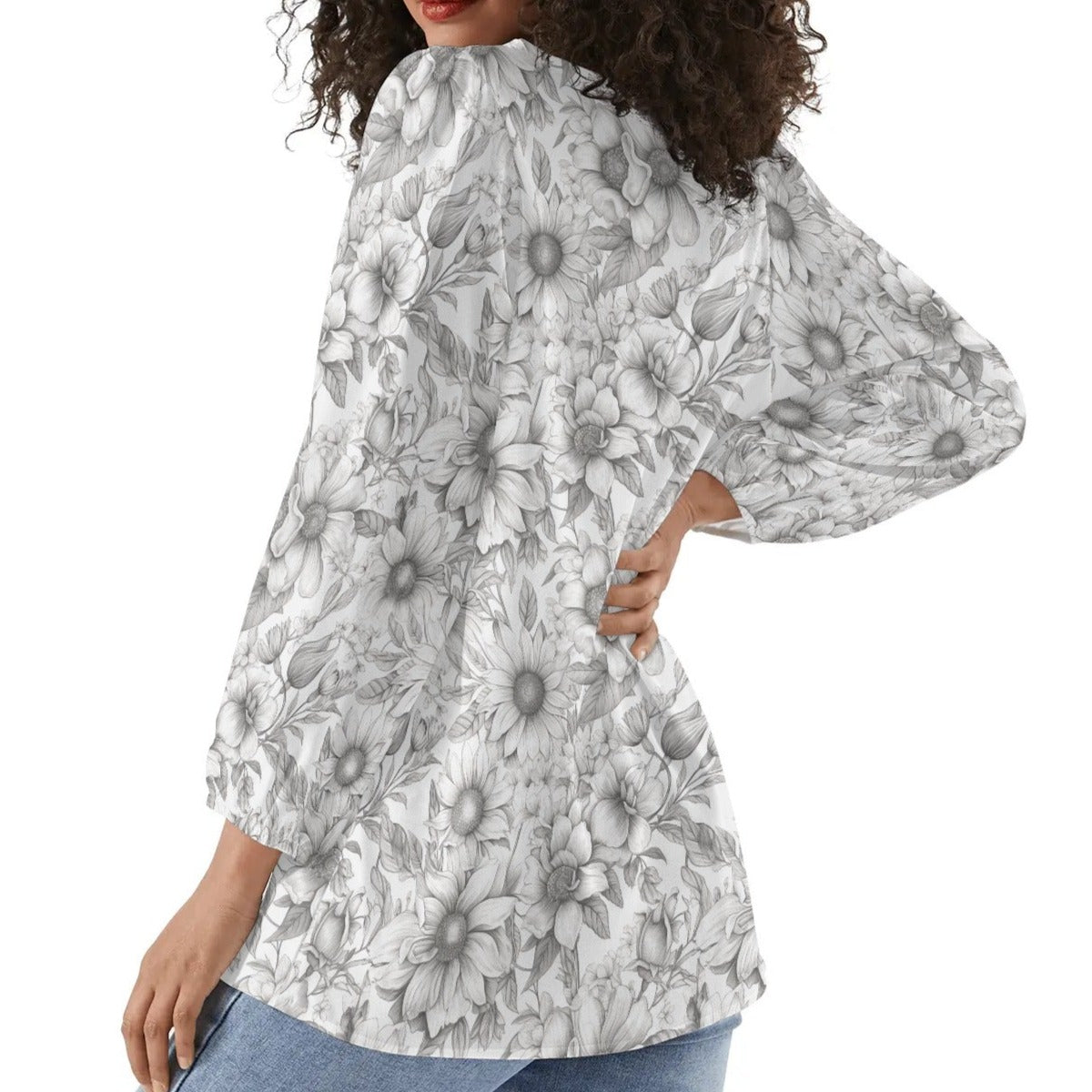 Floral Garden - Womens Long-Sleeve Chiffon Blouse