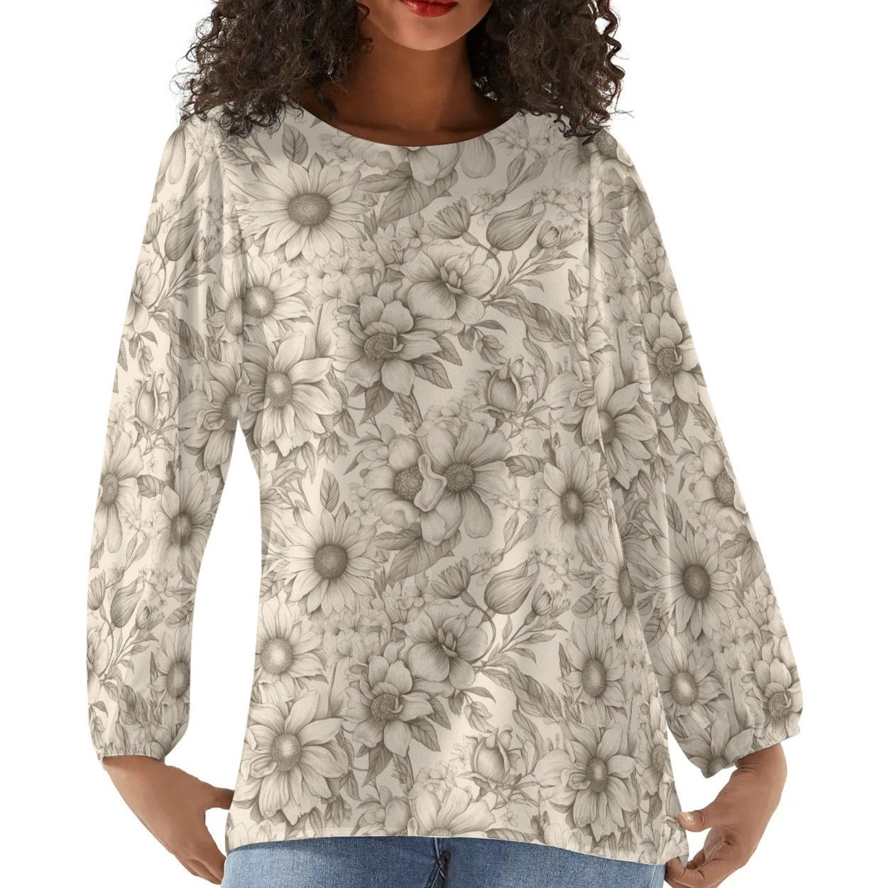 Floral Garden - Womens Long-Sleeve Chiffon Blouse