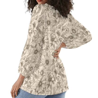 Floral Garden - Womens Long-Sleeve Chiffon Blouse