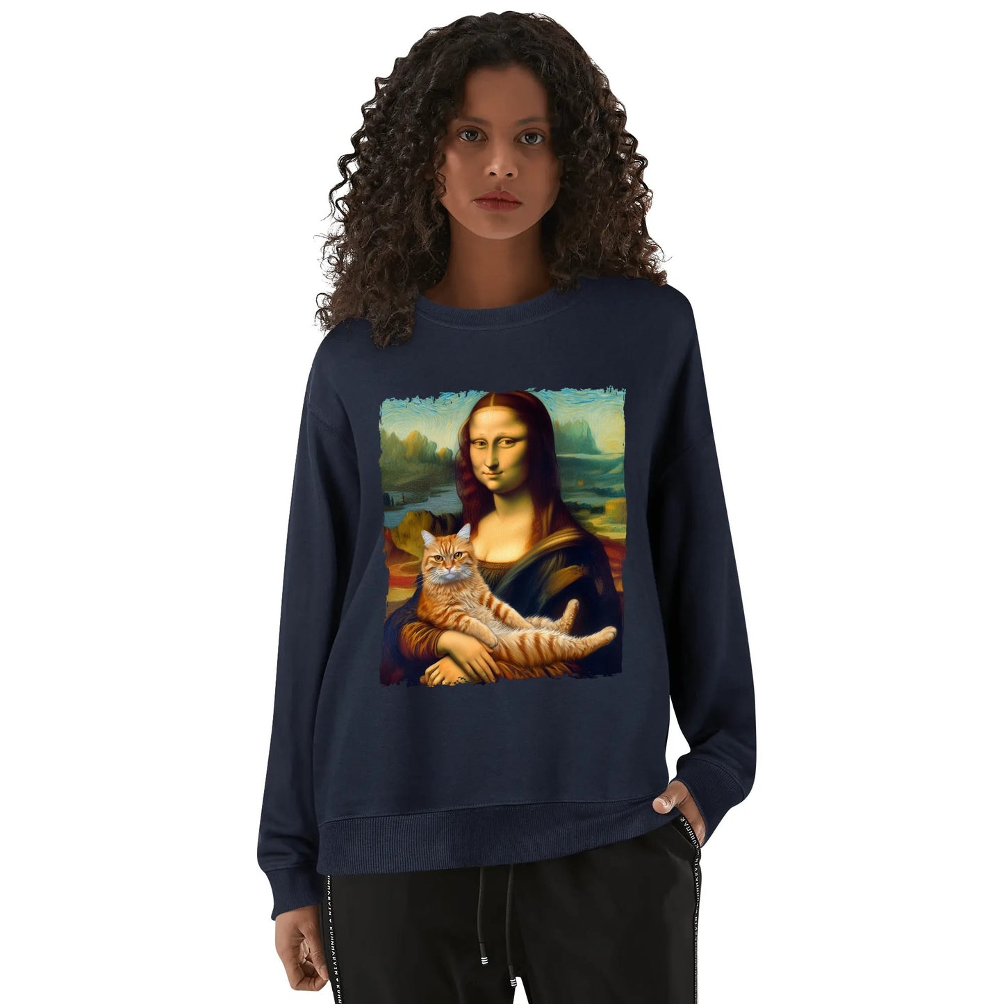 Mona Lisa with Cat - Unisex Soft 100% Cotton Fun & Artsy Sweatshirt