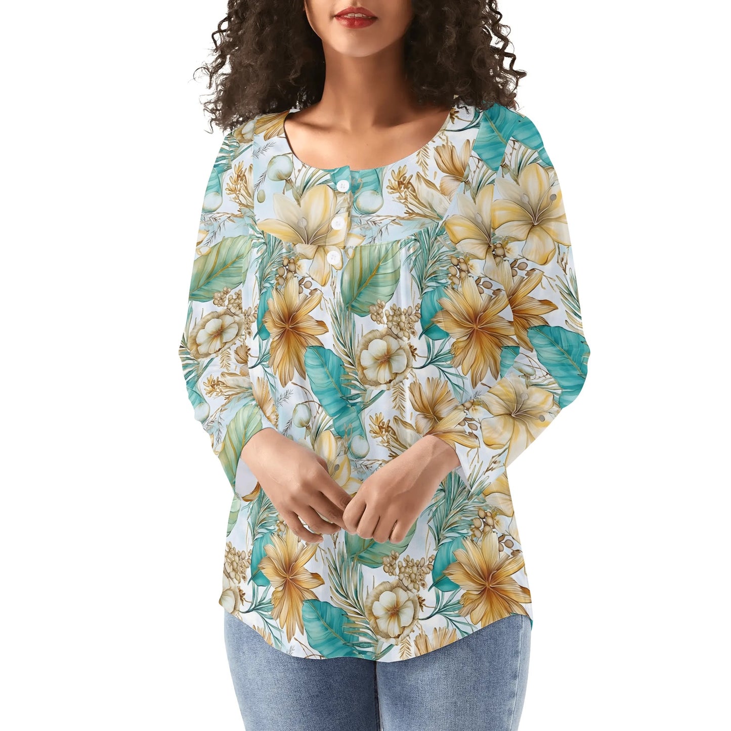 Lovely Prints - Reg & Plus Sizes - Womens Long Sleeve Loose Flare Blouse